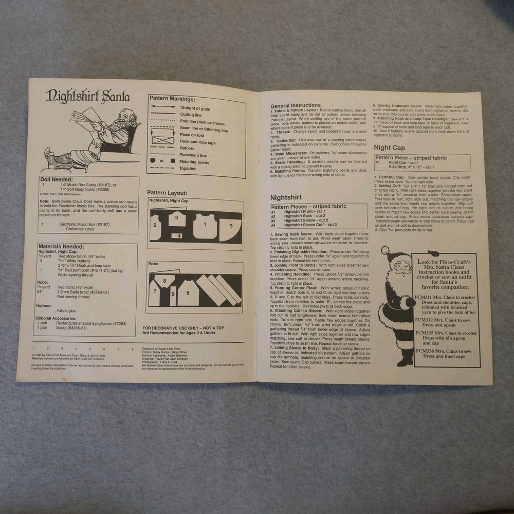 Fibre-Craft Nightshirt Santa Sewing Pattern FCM334 Fits 14" Santa Doll Uncut - Picture 4 of 12